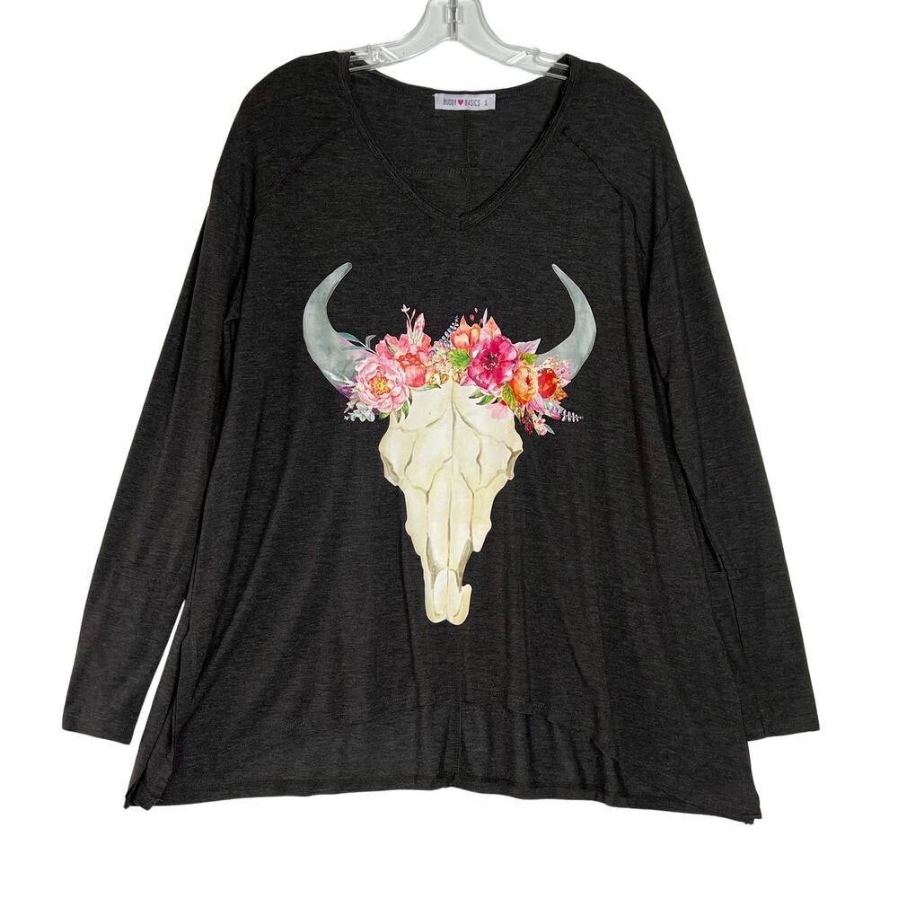 Buddy Basics Long Sleeve Flower Cow Skull Hi Low Top Charcoal Gray Womens Small